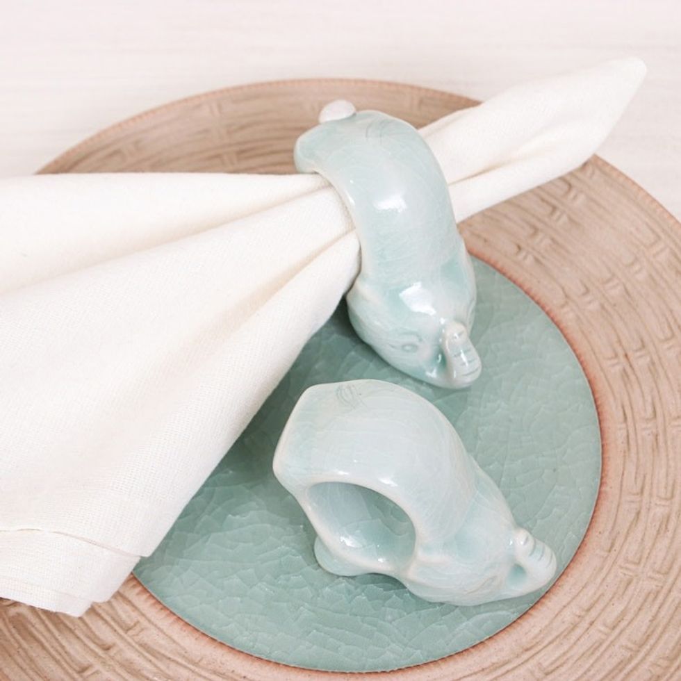 Elephant-Themed Blue Celadon Ceramic Napkin Rings Pair 'Grand Blue Elegance'