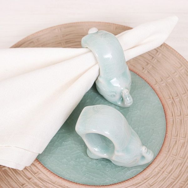 Alternate image for Elephant-Themed Blue Celadon Ceramic Napkin Rings Pair Grand Blue Elegance