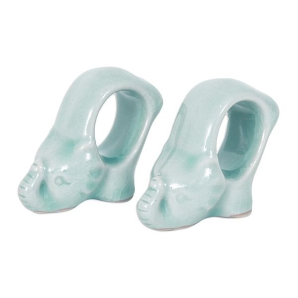 Alternate image for Elephant-Themed Blue Celadon Ceramic Napkin Rings Pair Grand Blue Elegance
