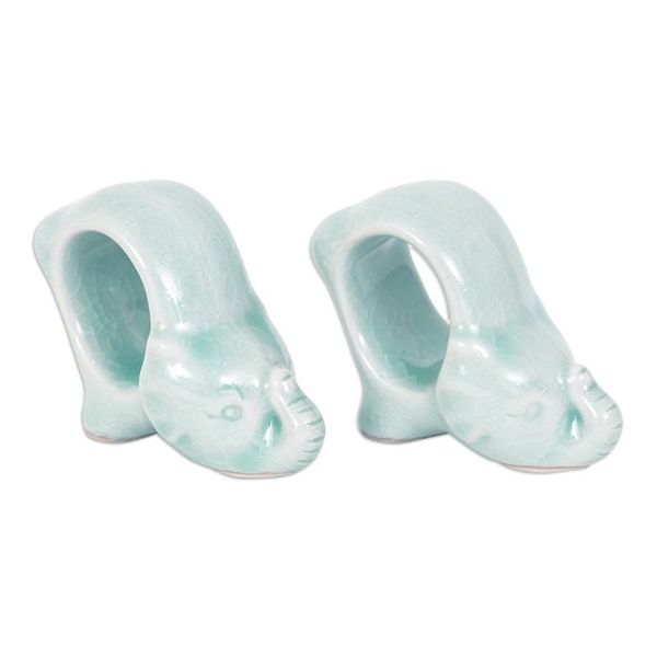 Alternate image for Elephant-Themed Blue Celadon Ceramic Napkin Rings Pair Grand Blue Elegance