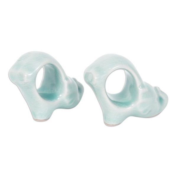 Alternate image for Elephant-Themed Blue Celadon Ceramic Napkin Rings Pair Grand Blue Elegance