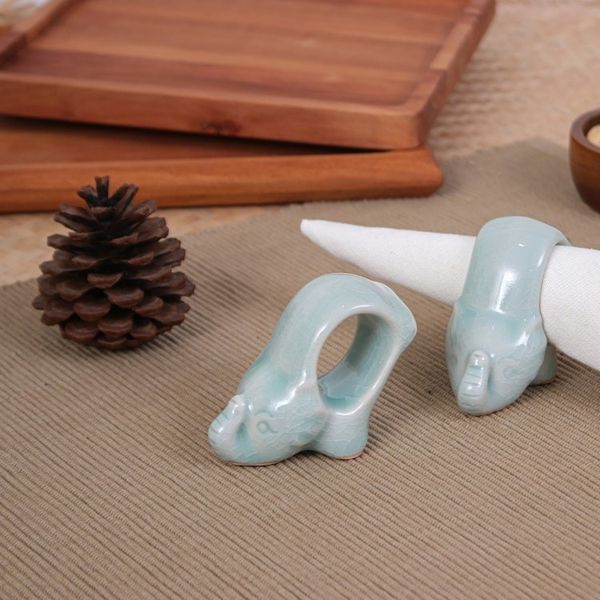 Alternate image for Elephant-Themed Blue Celadon Ceramic Napkin Rings Pair Grand Blue Elegance