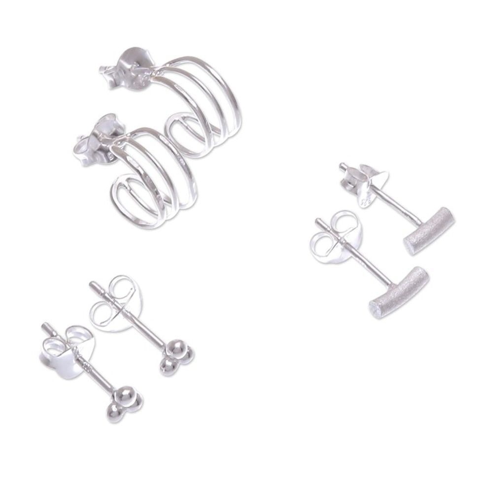 Handmade Sterling Silver Stud Earrings Set of 3 'Every Day Trio'
