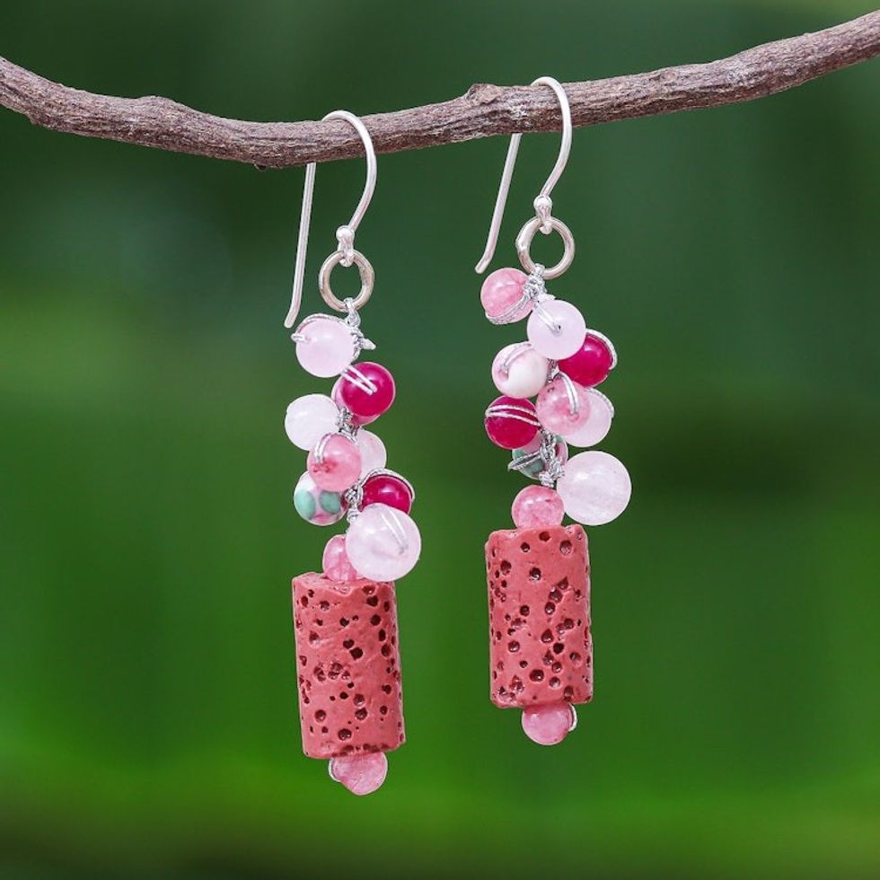 Pink Agate Quartz Bead Cluster Lava Stone Dangle Earrings 'Sweetness in Nature'