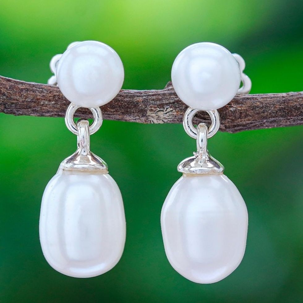 Thai Sterling Silver and Cultured Pearl Dangle Earrings 'Mellow Dive'