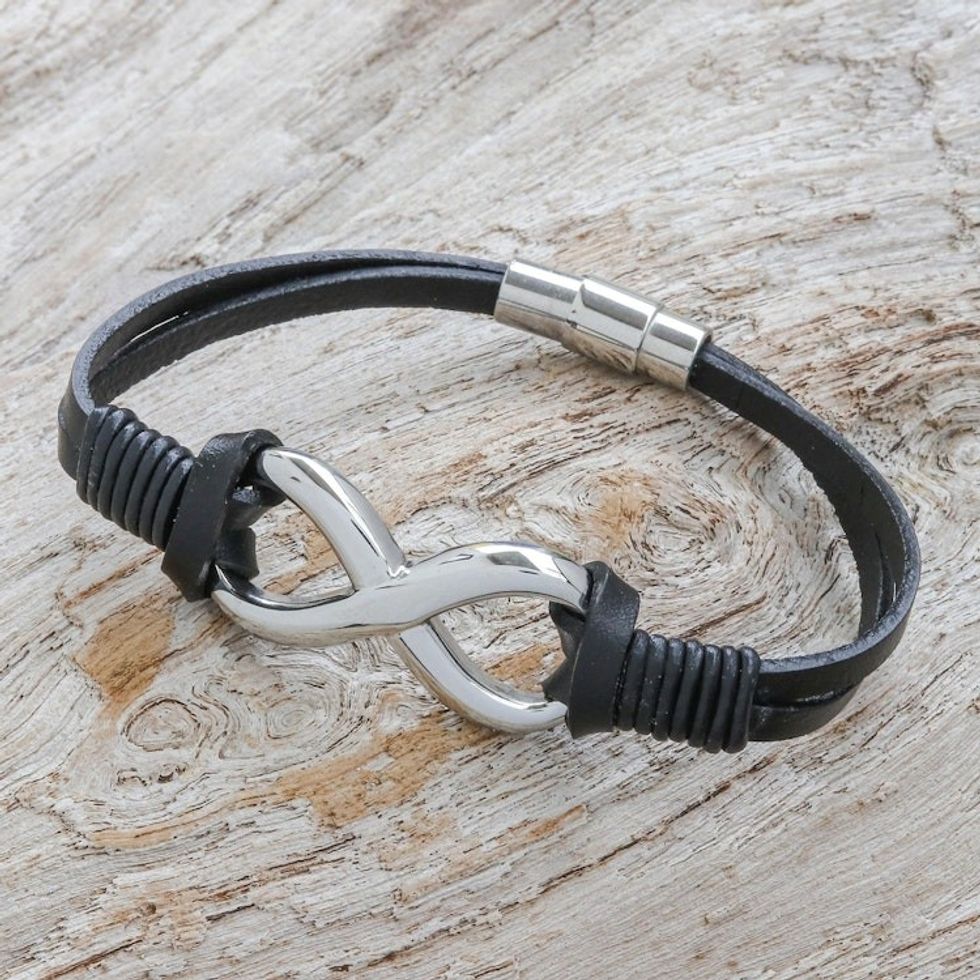 Black Leather Unisex Pendant Bracelet 'Cool Infinity in Black'