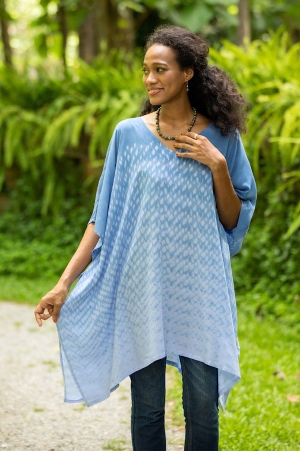 Tie-Die Rayon Caftan from Thailand 'Thai Rain in Light Blue'