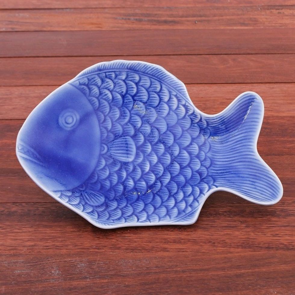 Blue Celadon Ceramic Fish Serving Plate 'Mae Ping Fish in Blue'