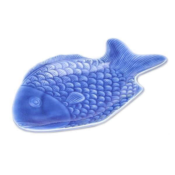 Alternate image for Blue Celadon Ceramic Fish Serving Plate Mae Ping Fish in Blue