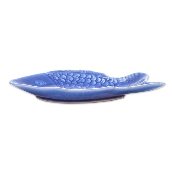 Alternate image for Blue Celadon Ceramic Fish Serving Plate Mae Ping Fish in Blue