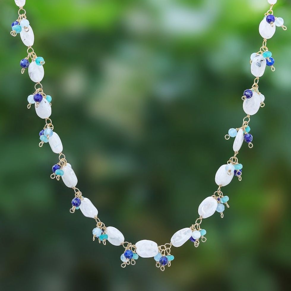 Gold Plated Necklace with Quartz and Lapis Lazuli Beads 'Sunset Mood in White'