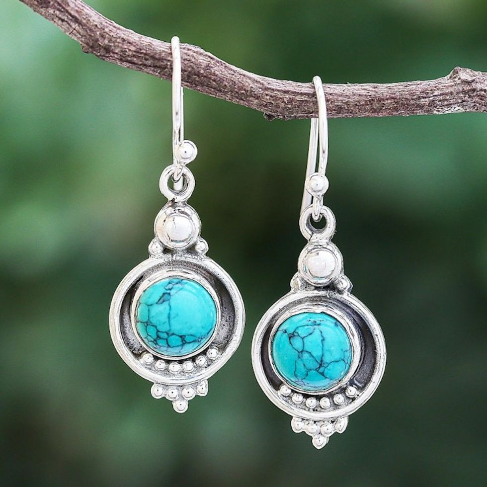 Reconstituted Turquoise Sterling Silver Dangle Earrings 'Classic Moon'