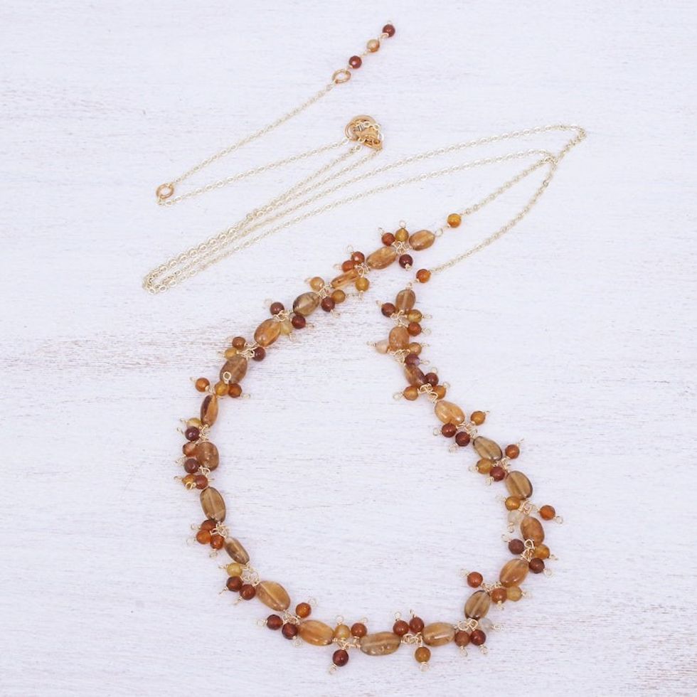Gold Plated Necklace with Quartz and Citrine Beads 'Sunset Mood in Orange'