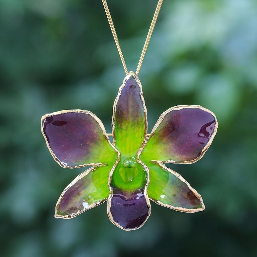 Gold-Plated Green Orchid Petal Pendant Necklace and Brooch 'Orchid Magic in Green'