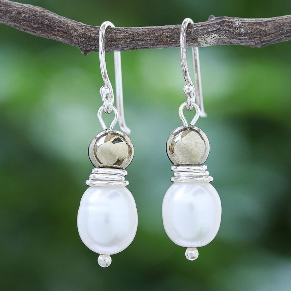 Cultured Freshwater Pearl and Hematite Dangle Earrings 'By the Sea'