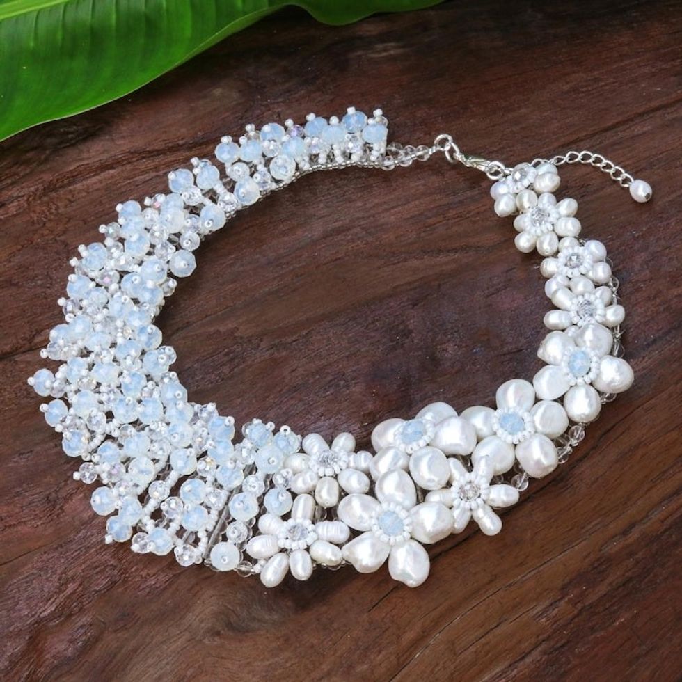 Cultured Pearl and Rainbow Moonstone Choker Necklace 'Heavenly Song'