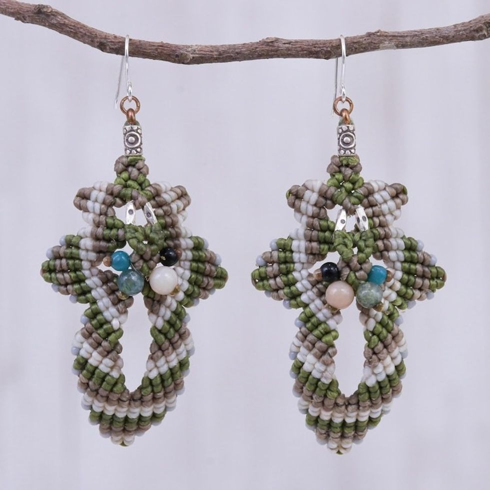 Hand Made Macrame Bohemian Dangle Earrings 'Morning Boho in Green'
