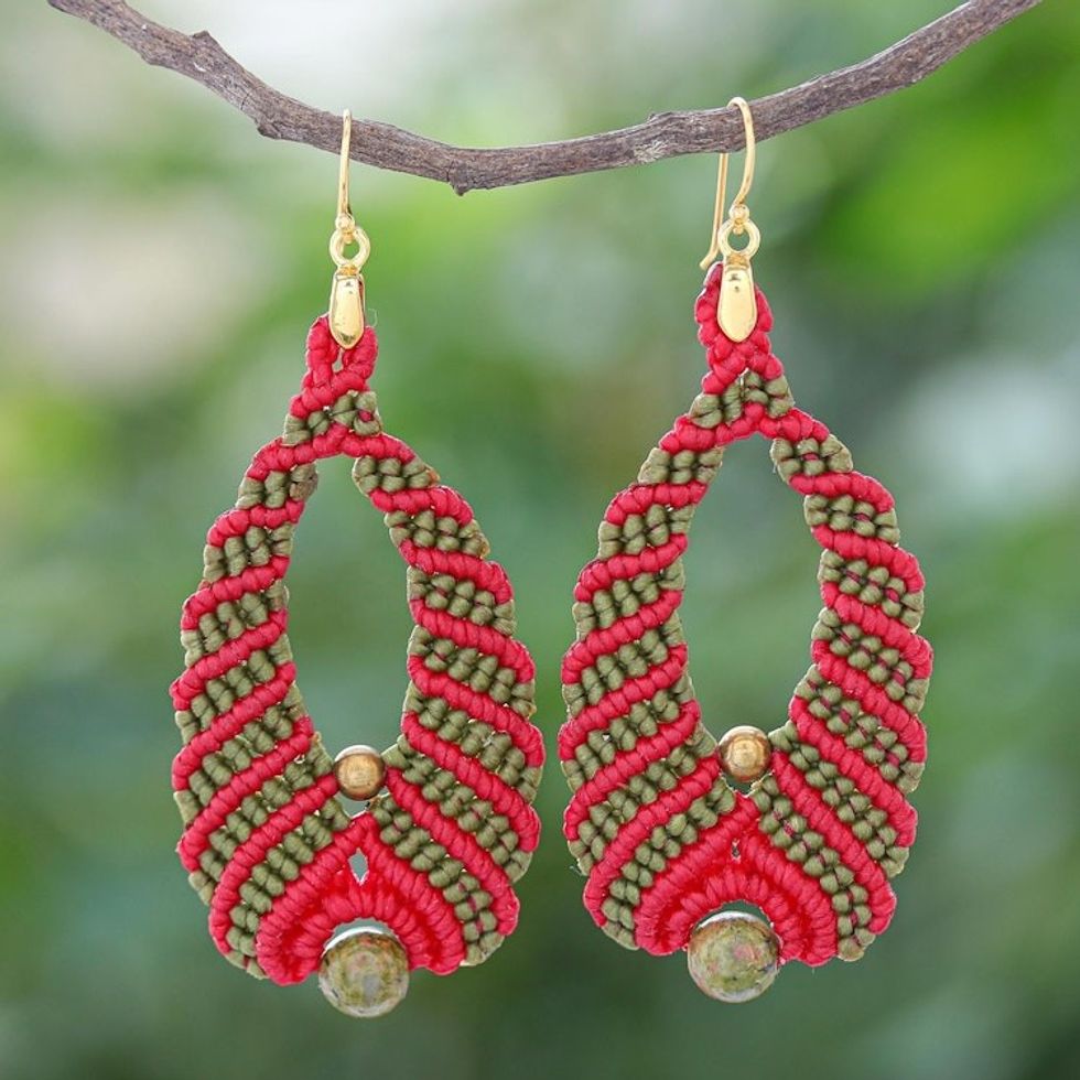 Red and Green Macrame Dangle Earrings with Unakite and Brass 'Beaded Cocoons'