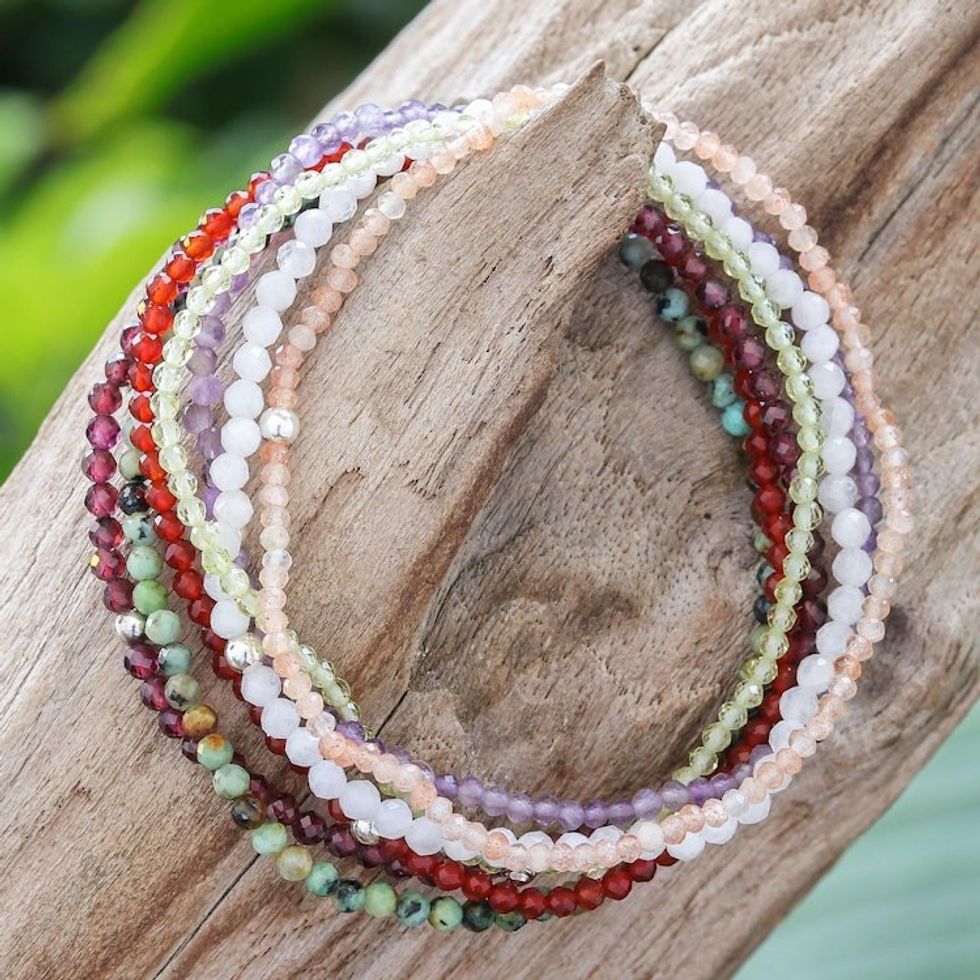 Thai Gemstone Beaded Stretch Bracelets Set of 7 'Lucky Week'