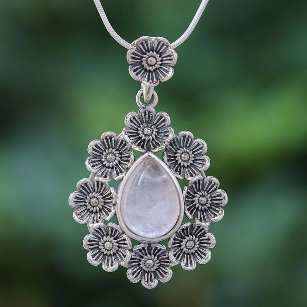 Rose Quartz Pendant Necklace with Floral Motif 'Crowned Beauty in Light Pink'