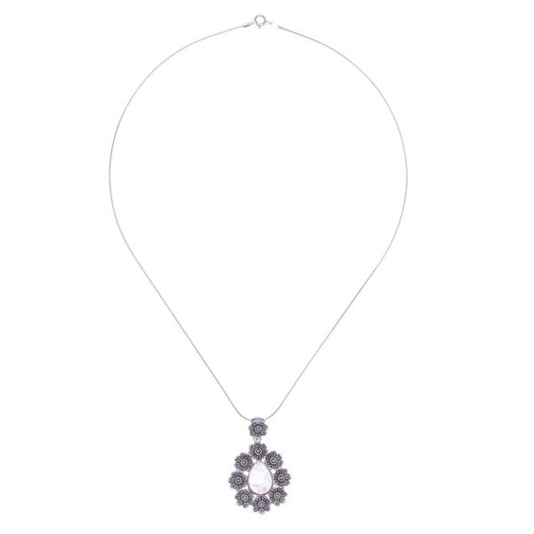 Alternate image for Rose Quartz Pendant Necklace with Floral Motif Crowned Beauty in Light Pink