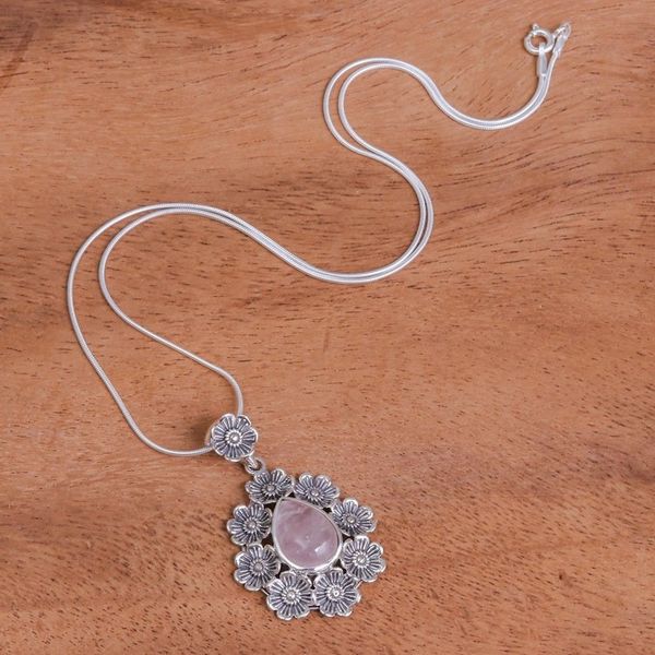 Alternate image for Rose Quartz Pendant Necklace with Floral Motif Crowned Beauty in Light Pink