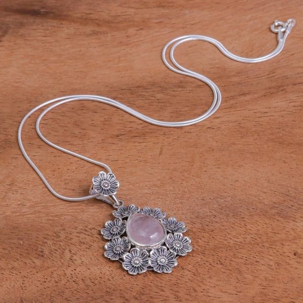 Alternate image for Rose Quartz Pendant Necklace with Floral Motif Crowned Beauty in Light Pink