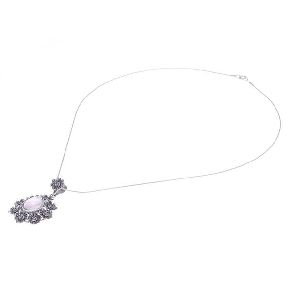 Alternate image for Rose Quartz Pendant Necklace with Floral Motif Crowned Beauty in Light Pink