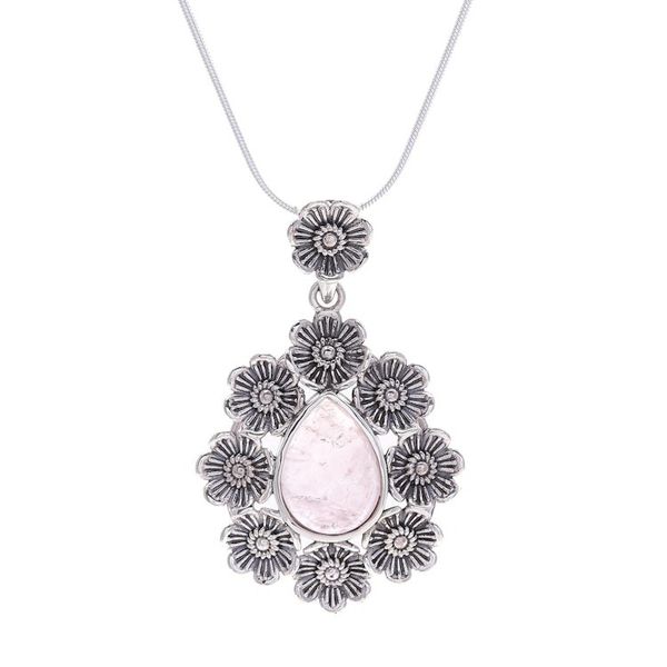 Alternate image for Rose Quartz Pendant Necklace with Floral Motif Crowned Beauty in Light Pink
