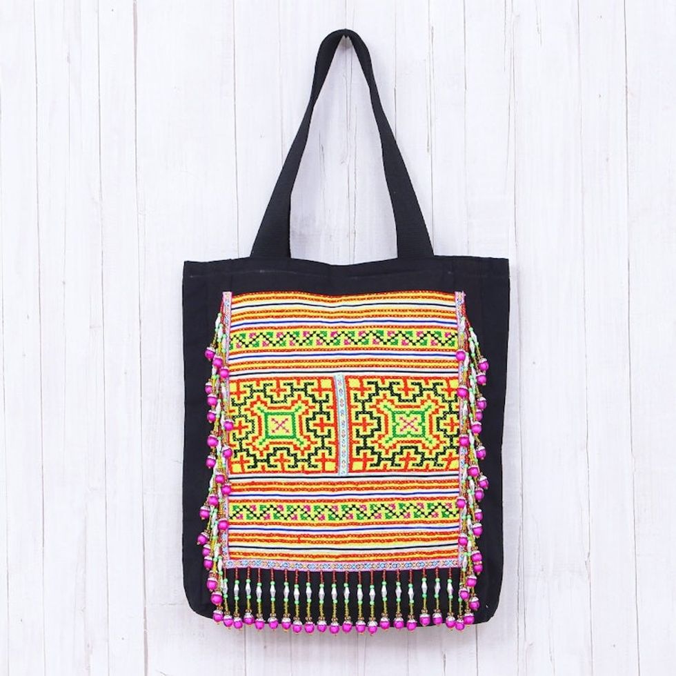 Hmong Cotton Tote Bag with Zippered Interior Pocket 'Shiny Hmong'