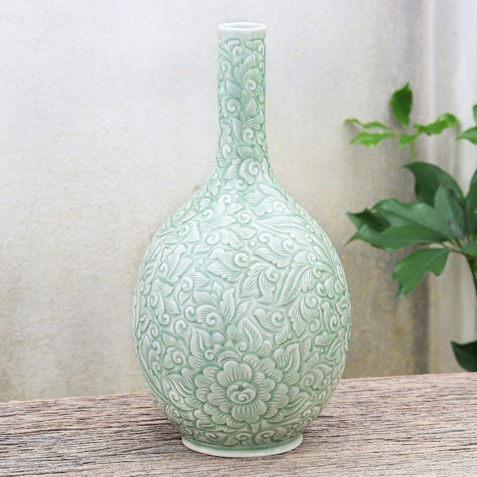 Hand Crafted Green Celadon Ceramic Vase 'Fresh Flowers'