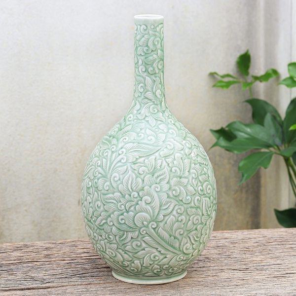 Alternate image for Hand Crafted Green Celadon Ceramic Vase Fresh Flowers