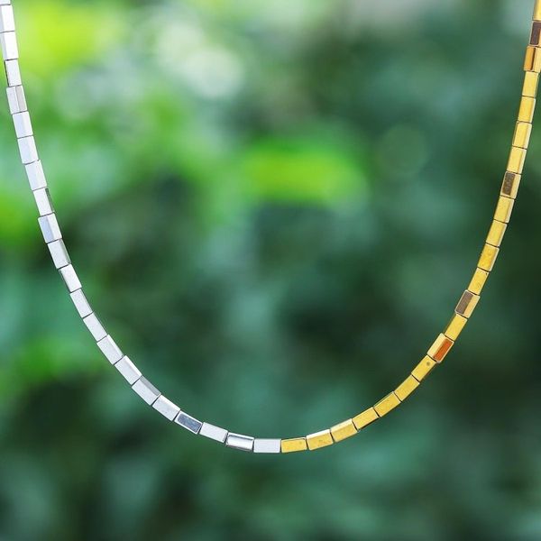 Alternate image for Gold-Coated Sterling Silver Hematite Beaded Necklace Sun and Stars
