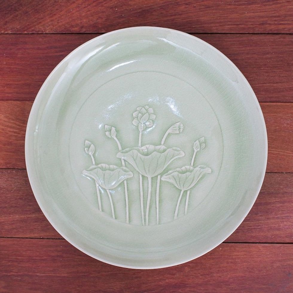 Green Celadon Ceramic Lotus Flower Dinner Plate 'Flavorful'