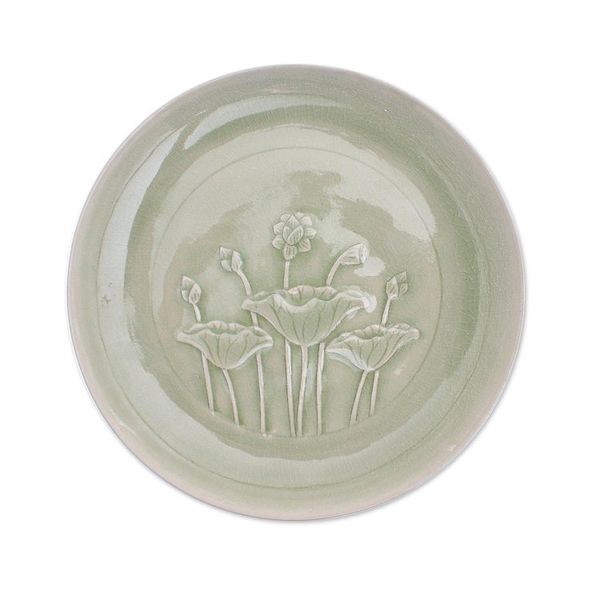 Alternate image for Green Celadon Ceramic Lotus Flower Dinner Plate Flavorful