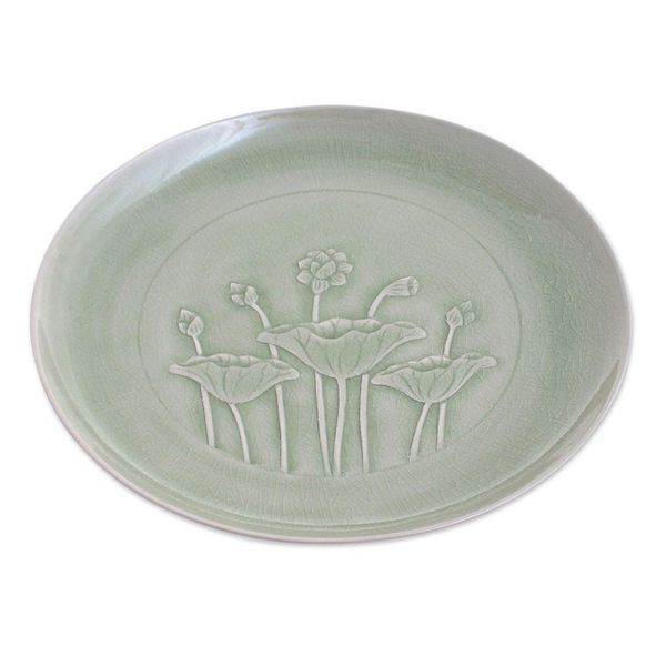 Alternate image for Green Celadon Ceramic Lotus Flower Dinner Plate Flavorful
