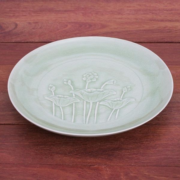 Alternate image for Green Celadon Ceramic Lotus Flower Dinner Plate Flavorful
