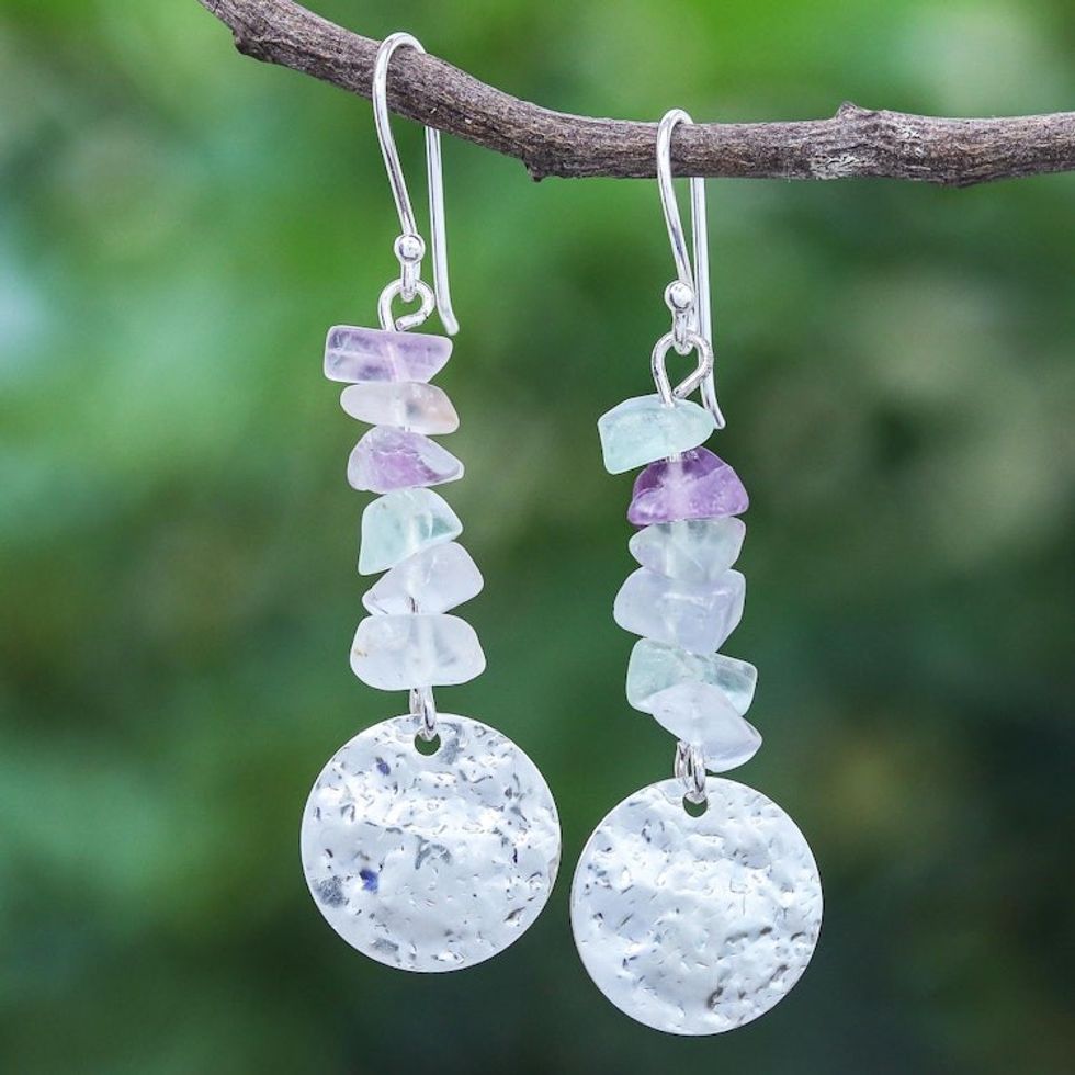 Hand Crafted Fluorite and Sterling Silver Dangle Earrings 'Shining Moon in Purple'