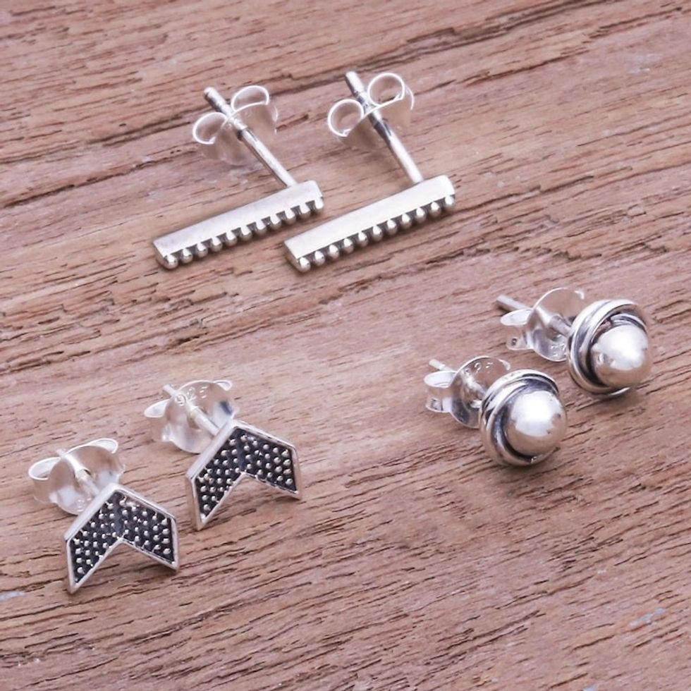 Artisan Made Sterling Silver Stud Earrings Set of 3 'Weekday Trio'