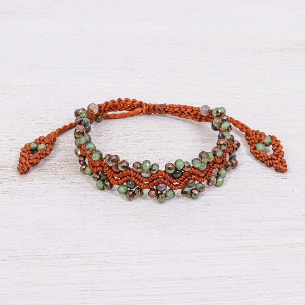 Agate Beaded Cord Bracelet with Sliding Knot 'Shiny Forest in Brown'