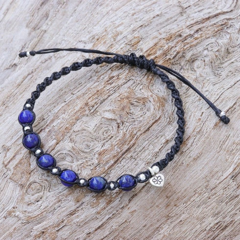 Hand Made Lapis Lazuli and Silver Macrame Cord Bracelet 'Lapis Love'