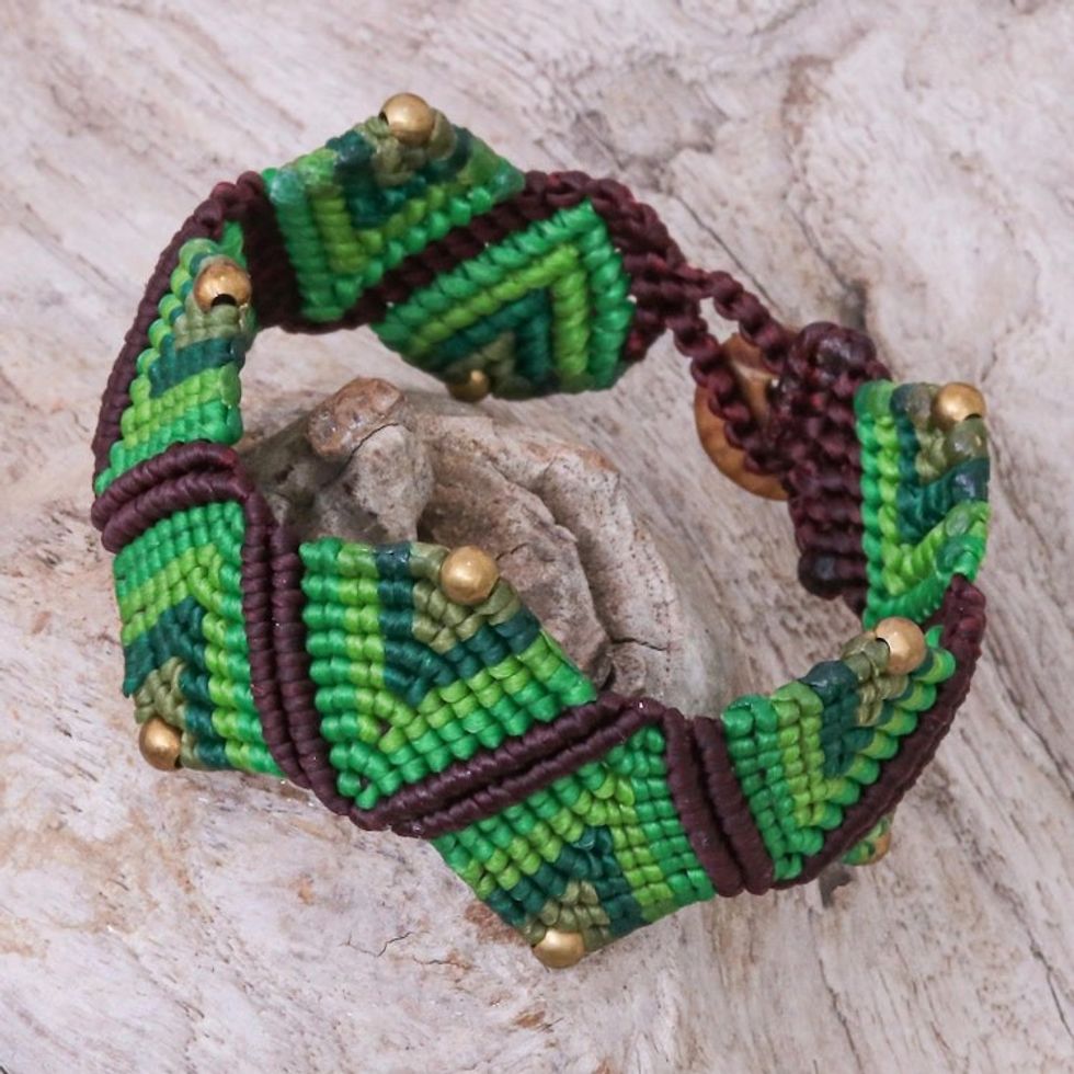 Green Macrame Waxed Cord Wristband Bracelet 'Forest Fun in Green'