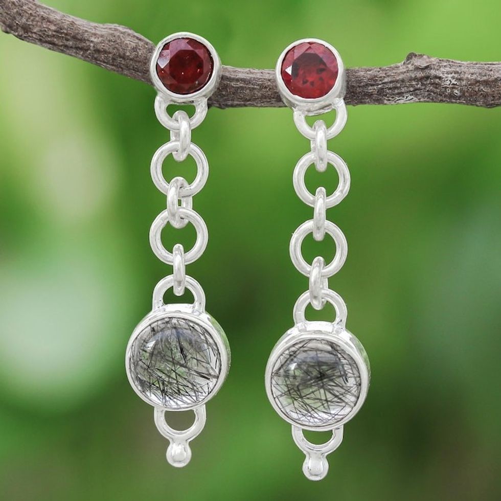 Tourmalinated Quartz and Garnet Chain Dangle Earrings 'Across the Universe in Red'