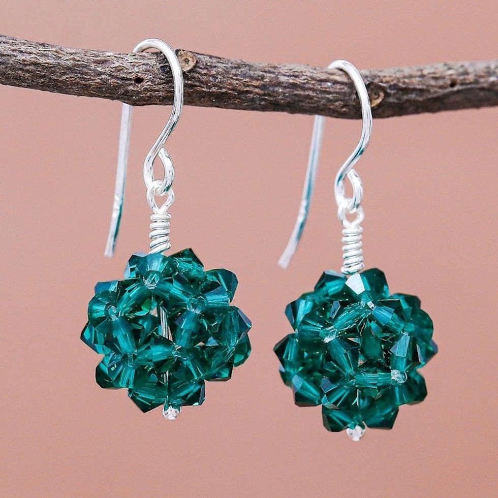 Green Glass Beaded Earrings from Thailand 'Emerald Sparkle'