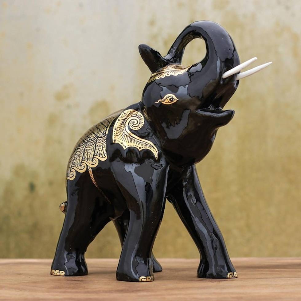 Gold-Accented Raintree Wood Sculpture from Thailand 'Elephant King'