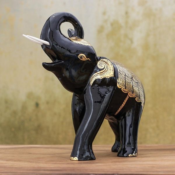 Alternate image for Gold-Accented Raintree Wood Sculpture from Thailand Elephant King