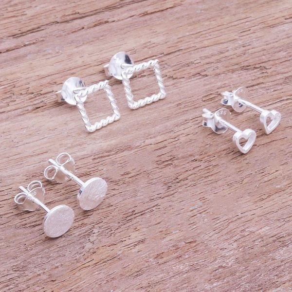 Alternate image for Hand Crafted Sterling Silver Stud Earrings Set of 3 Together At Last