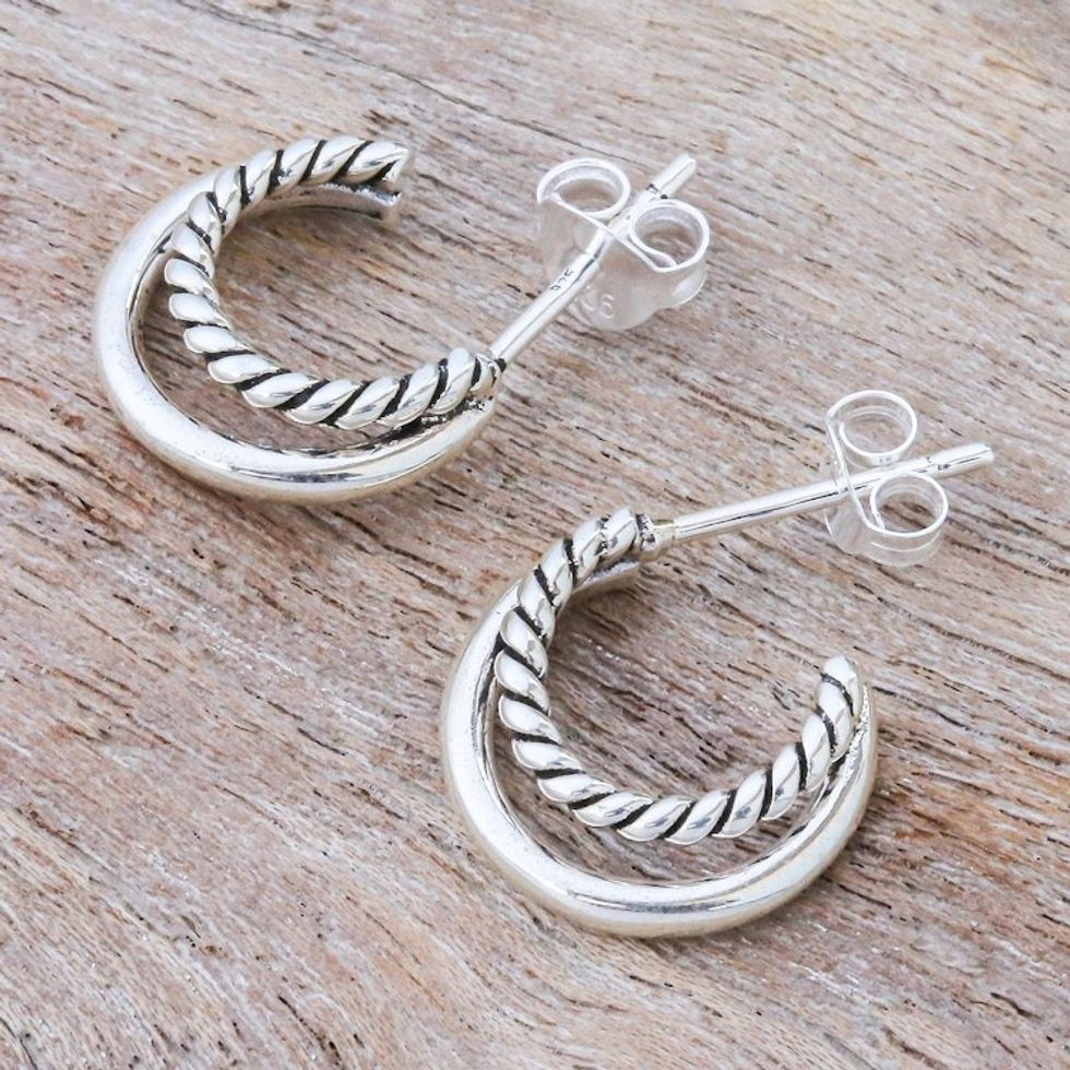 Hand Crafted Sterling Silver Drop Earrings 'Braided Crescent'