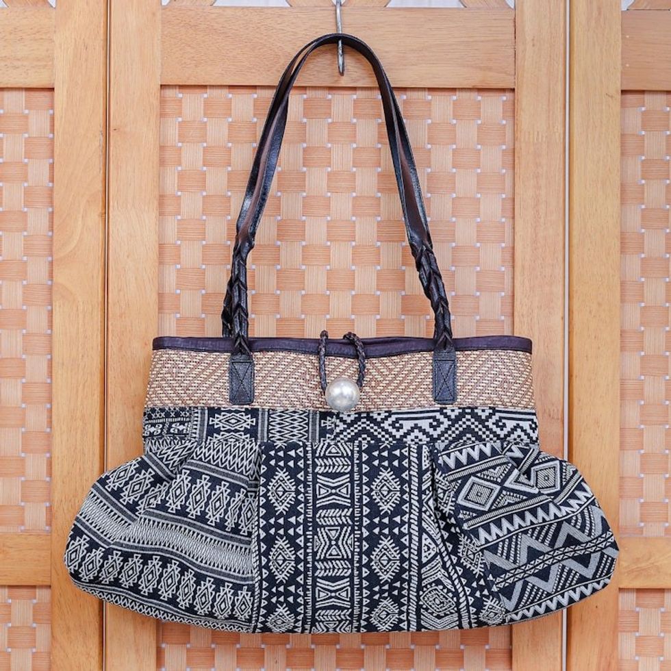 Black and White Cotton Blend Shoulder Bag 'Breathe Easy in Black'