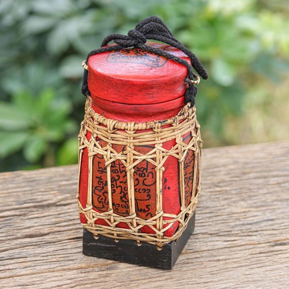 Decorative Bamboo and Raintree Wood Jar 'Lanna Letter in Small'